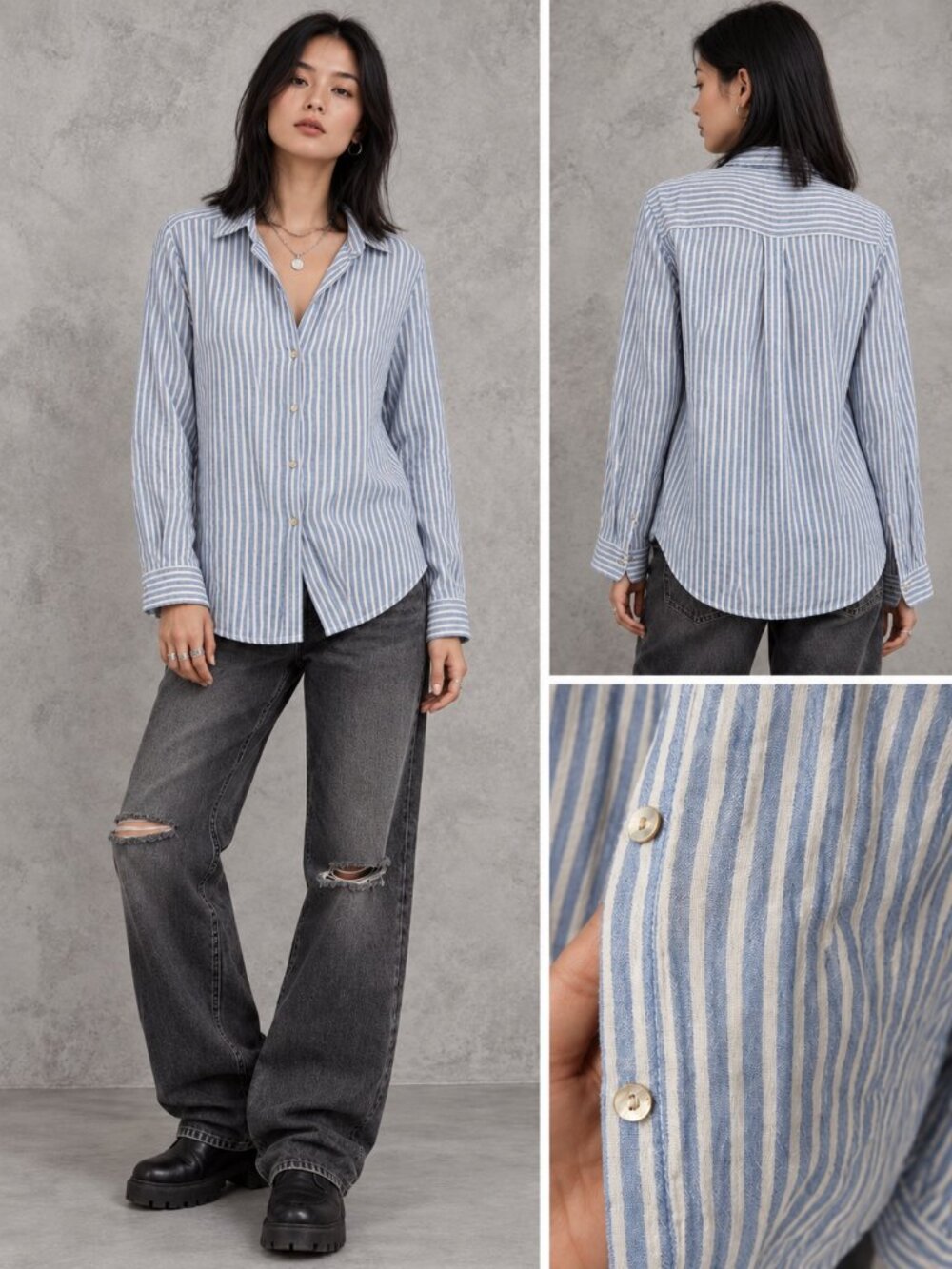 beachlunchlounge Blue White Striped Cotton Button-Down Shirt S